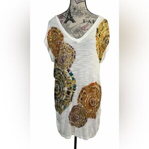 Cupio Cream Abstract Medallion V-Neck Slub Knit Top Size Large